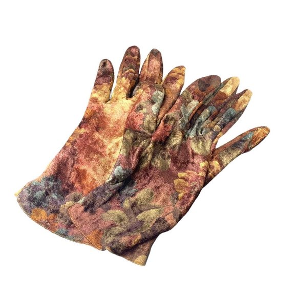 Vintage 90s Velvet Soft Tone Floral Print Gloves - Picture 2 of 5